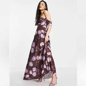 ASOS Brown Floral Strapless Pleated Maxi Dress